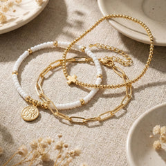 Adjustable Multi-Layer Gold Bead Heart Charm Bracelet